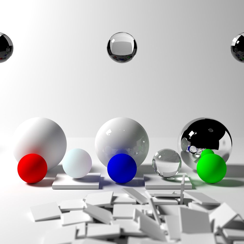 screenshot the output of a path tracer. a number of different colored spheres with varying levels of reflectance in a white scene.